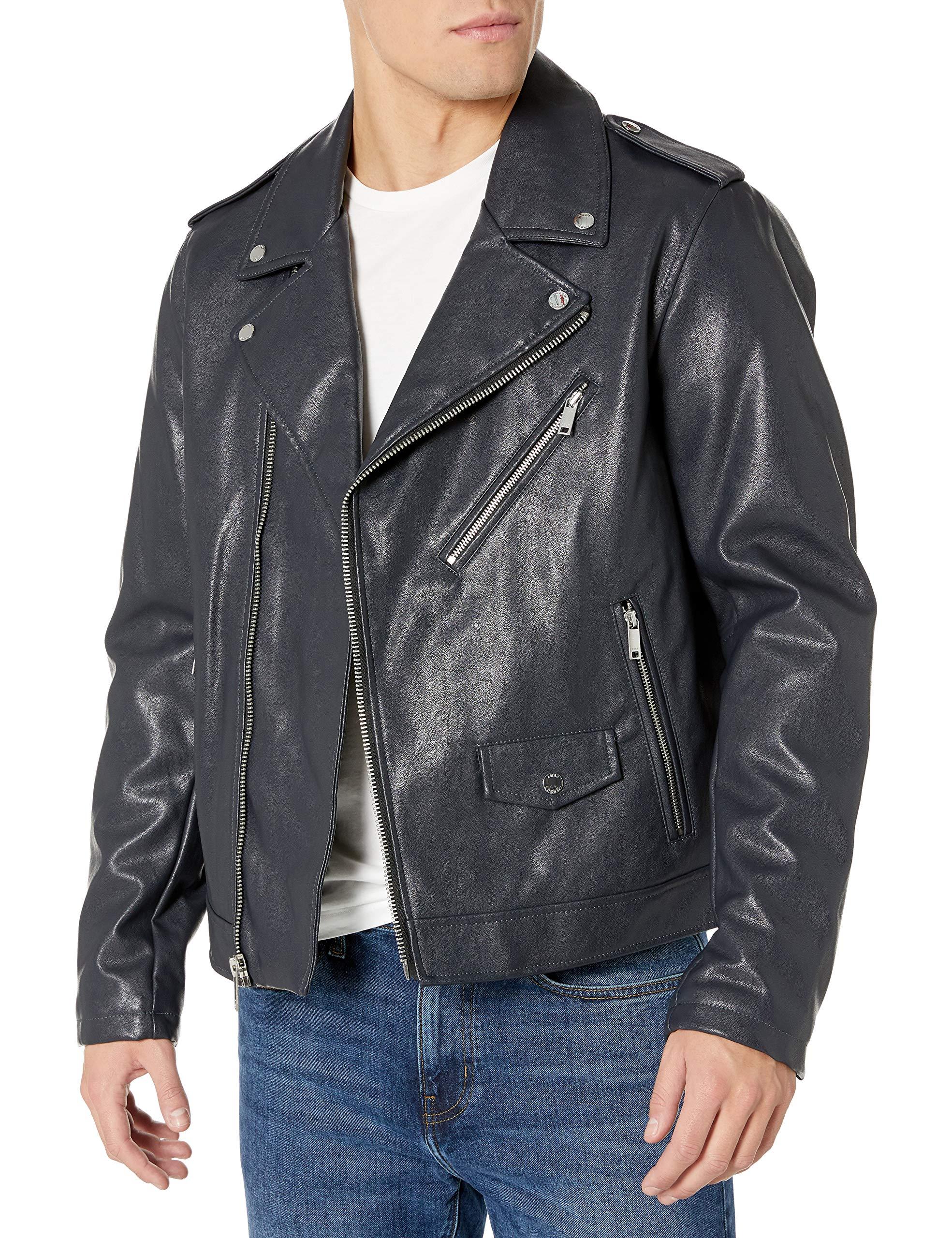 DKNY Classic Asymmetrical Faux Leather Motorcycle Jacket in Navy (Blue ...