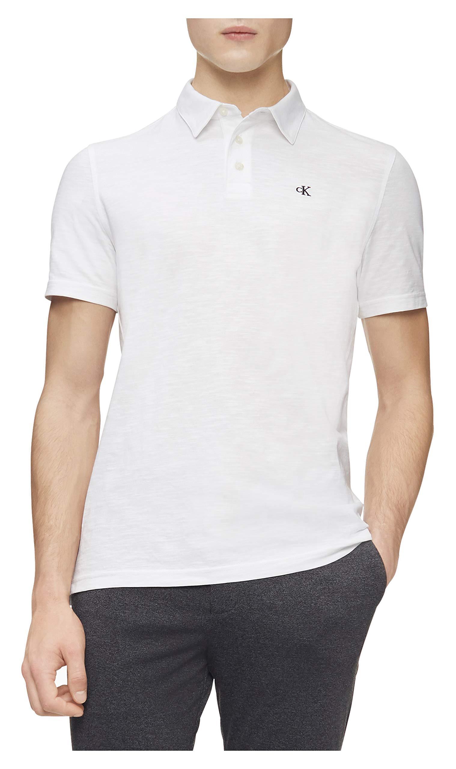 Calvin Klein Short Sleeve Slub Cotton Monogram Logo Polo Shirt in White
