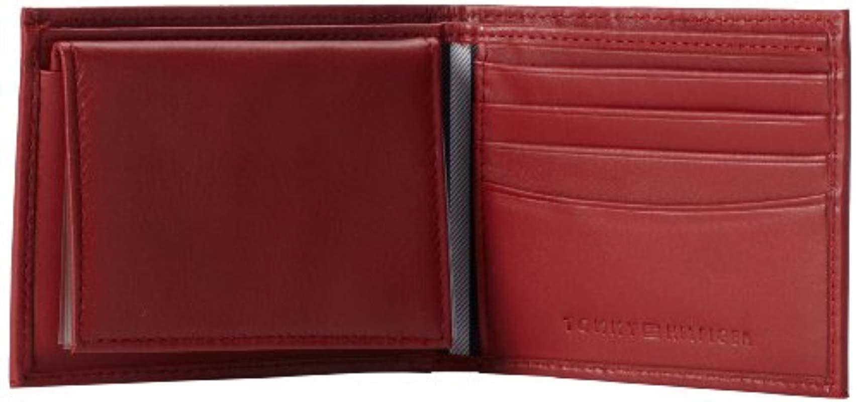 New Tommy Hilfiger Ranger Red Navy Leather Passcase Credit Cards Men's Wallet 