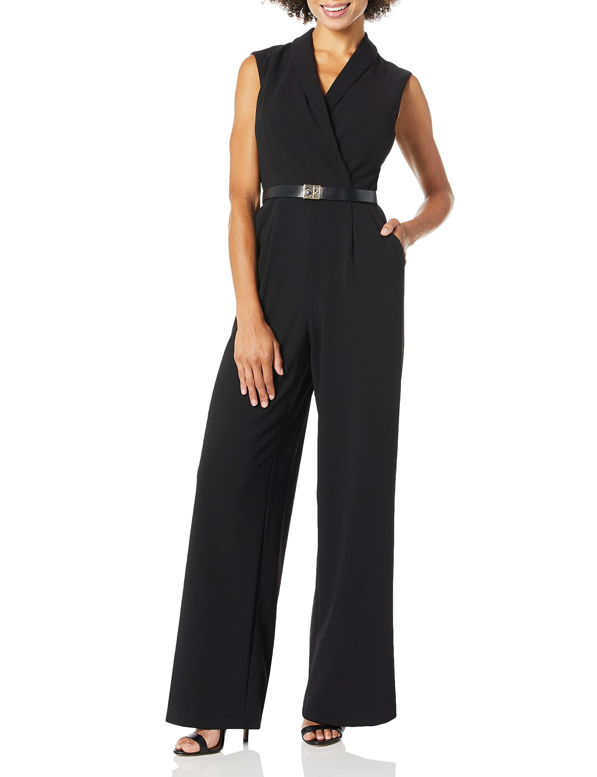 Calvin Klein Sleeveless Belted Jumpsuit With V Neck Collar in Black | Lyst