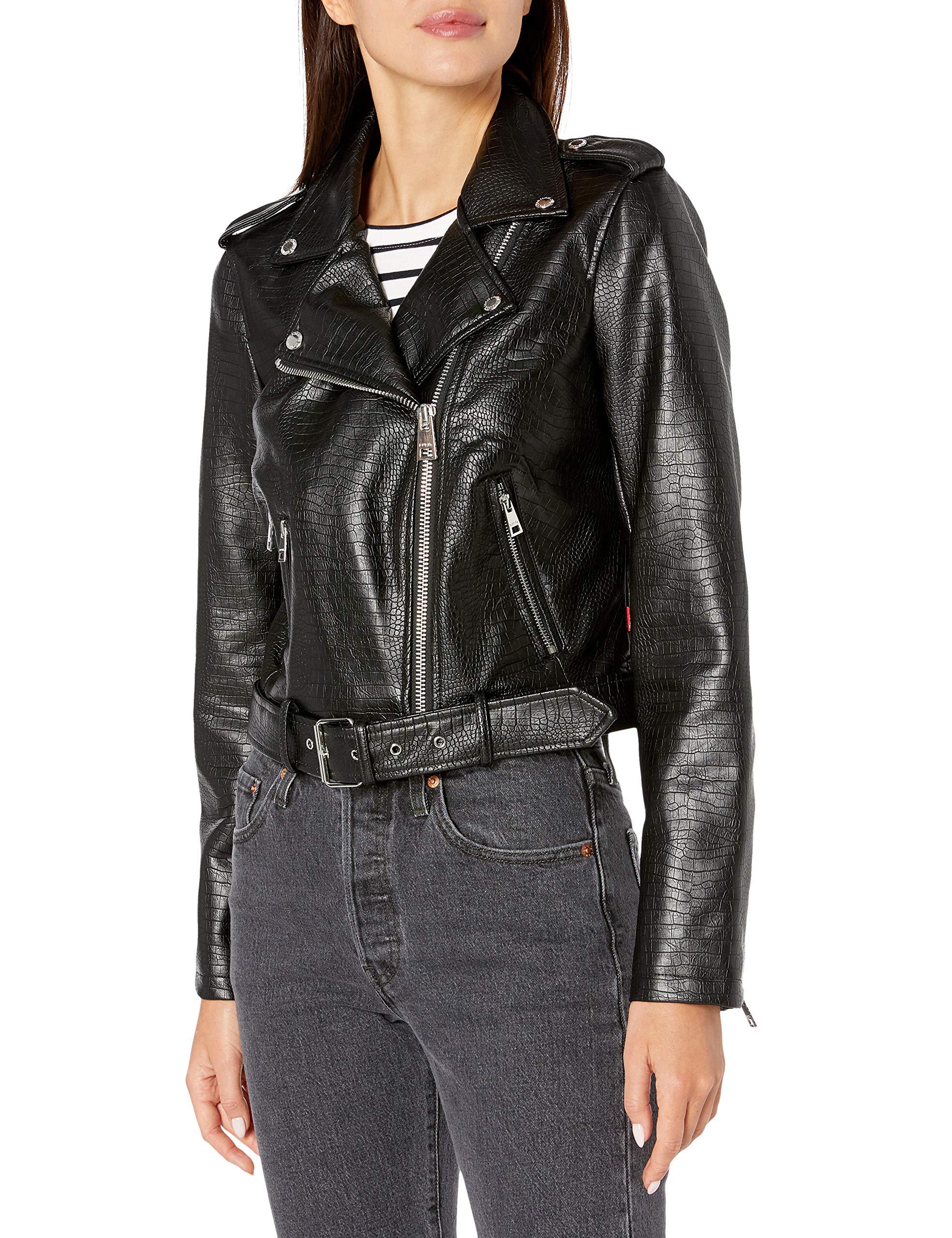 Levi's Faux Leather Belted Motorcycle Jacket in Black Croc (Black ...