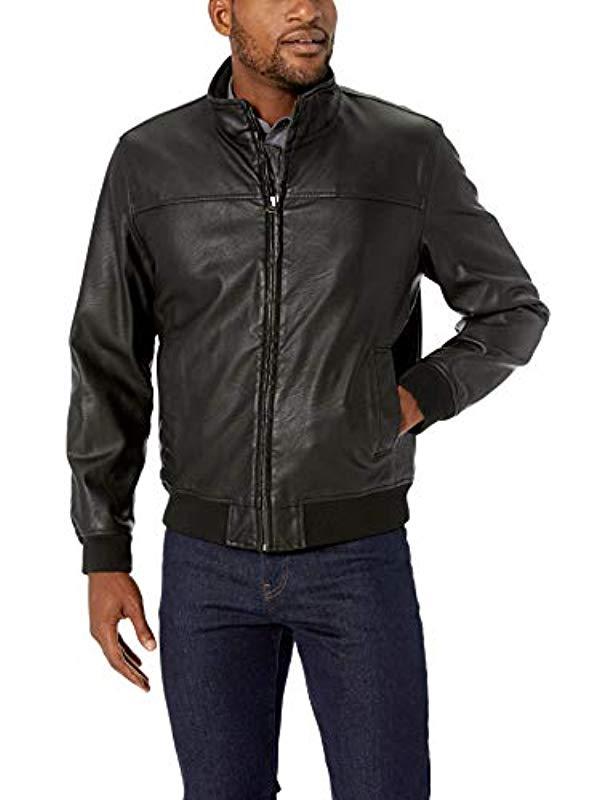 Dockers Carson Faux Leather Classic Stand Collar Bomber Jacket in Black