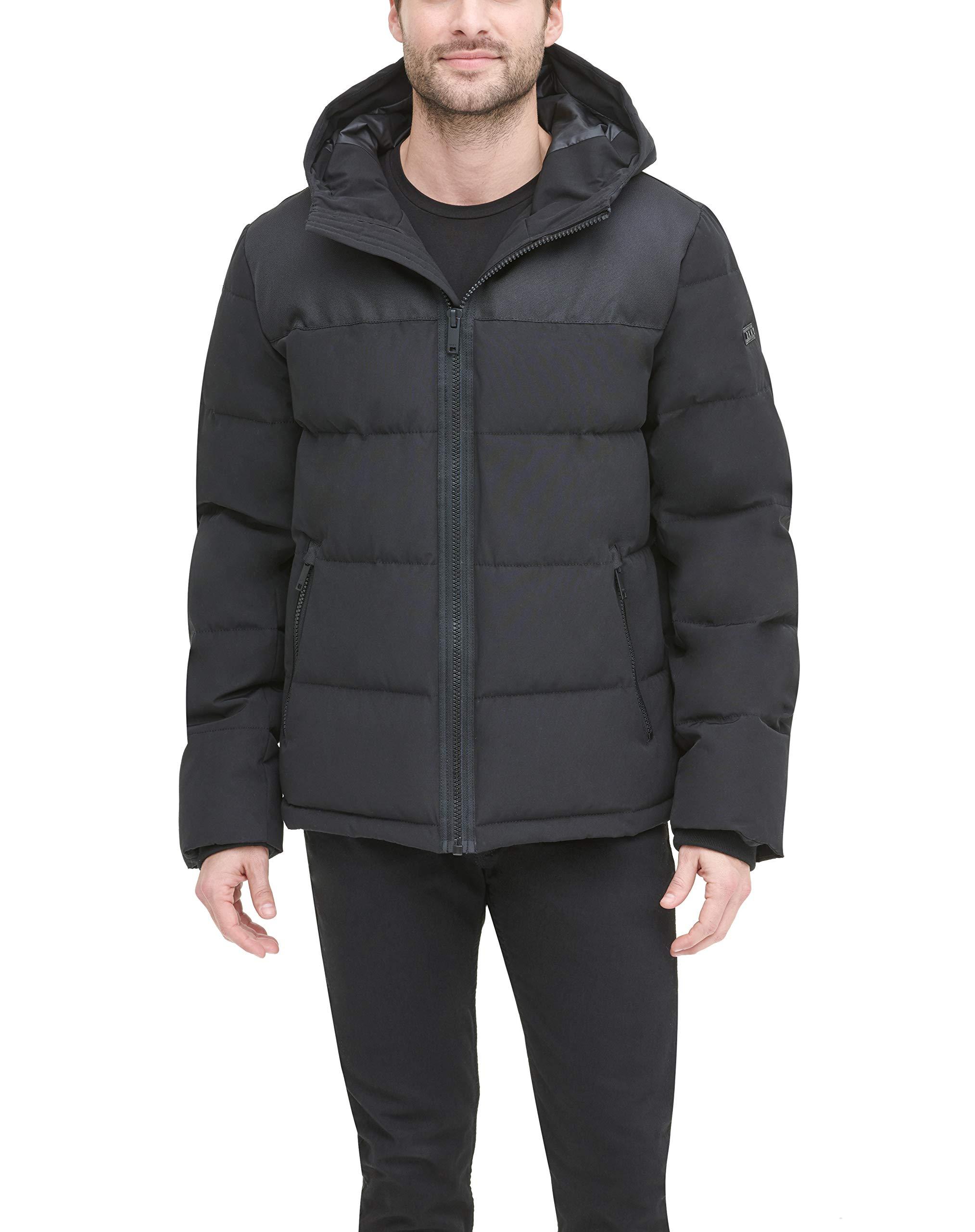 DKNY Shawn Quilted Mixed Media Hooded Puffer Jacket in Black for Men - Lyst