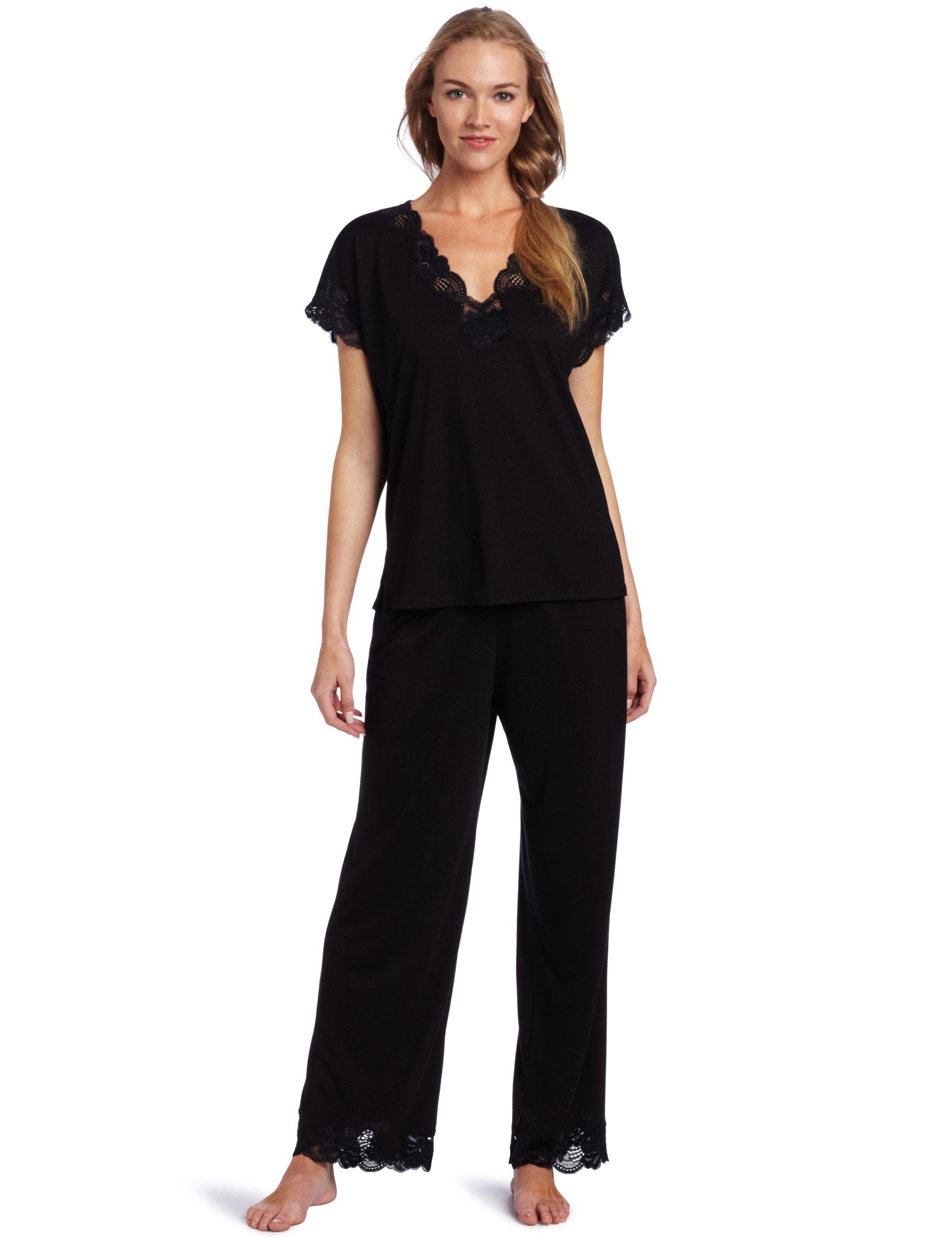 Natori Satin Zen Floral-trim Short-sleeve Pajama Set in Black - Save 7% ...