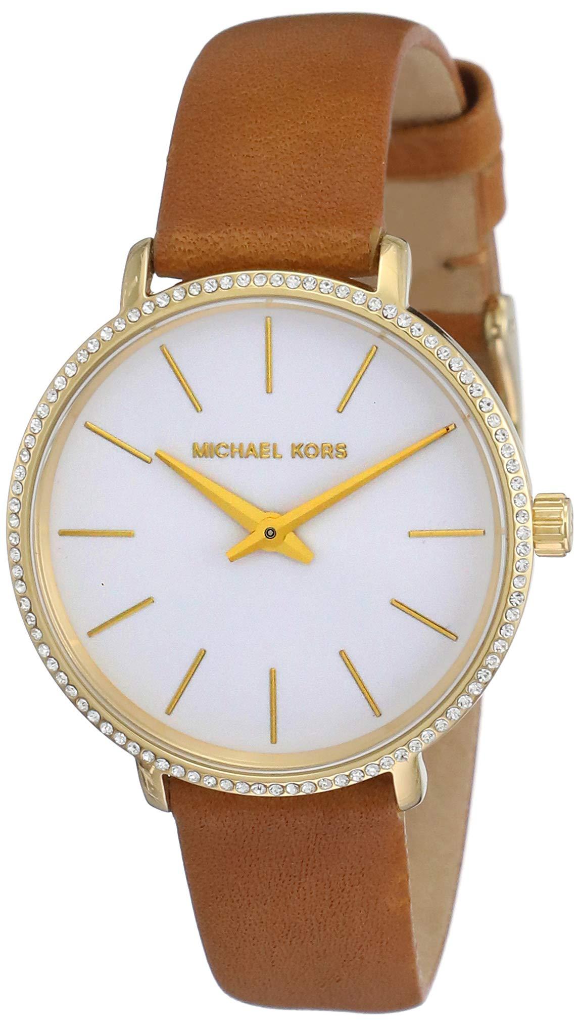 michael kors women's stainless steel quartz watch with leather calfskin strap
