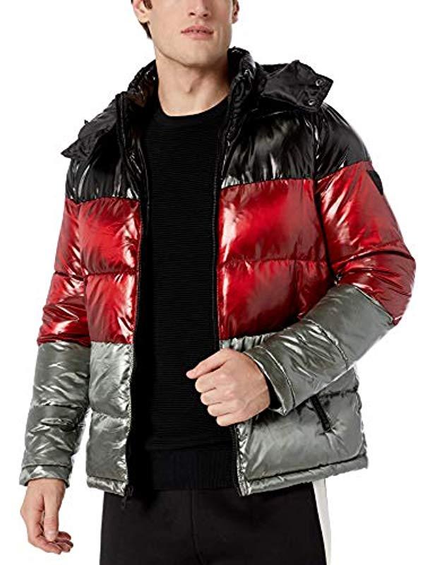 Guess Shiny Color Block Puffer With Hood in Red for Men | Lyst