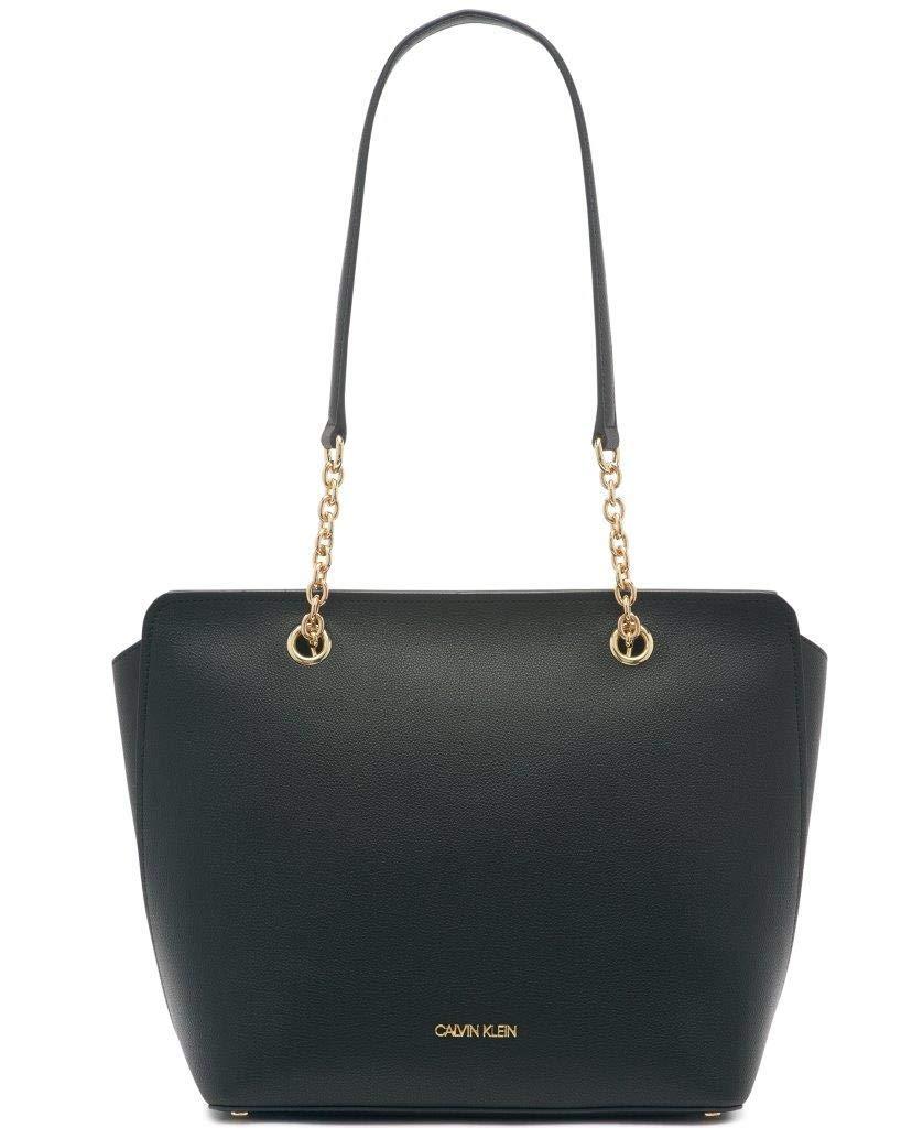 Calvin Klein Leather Hailey Micro Pebble Top Zip Chain Tote in Black