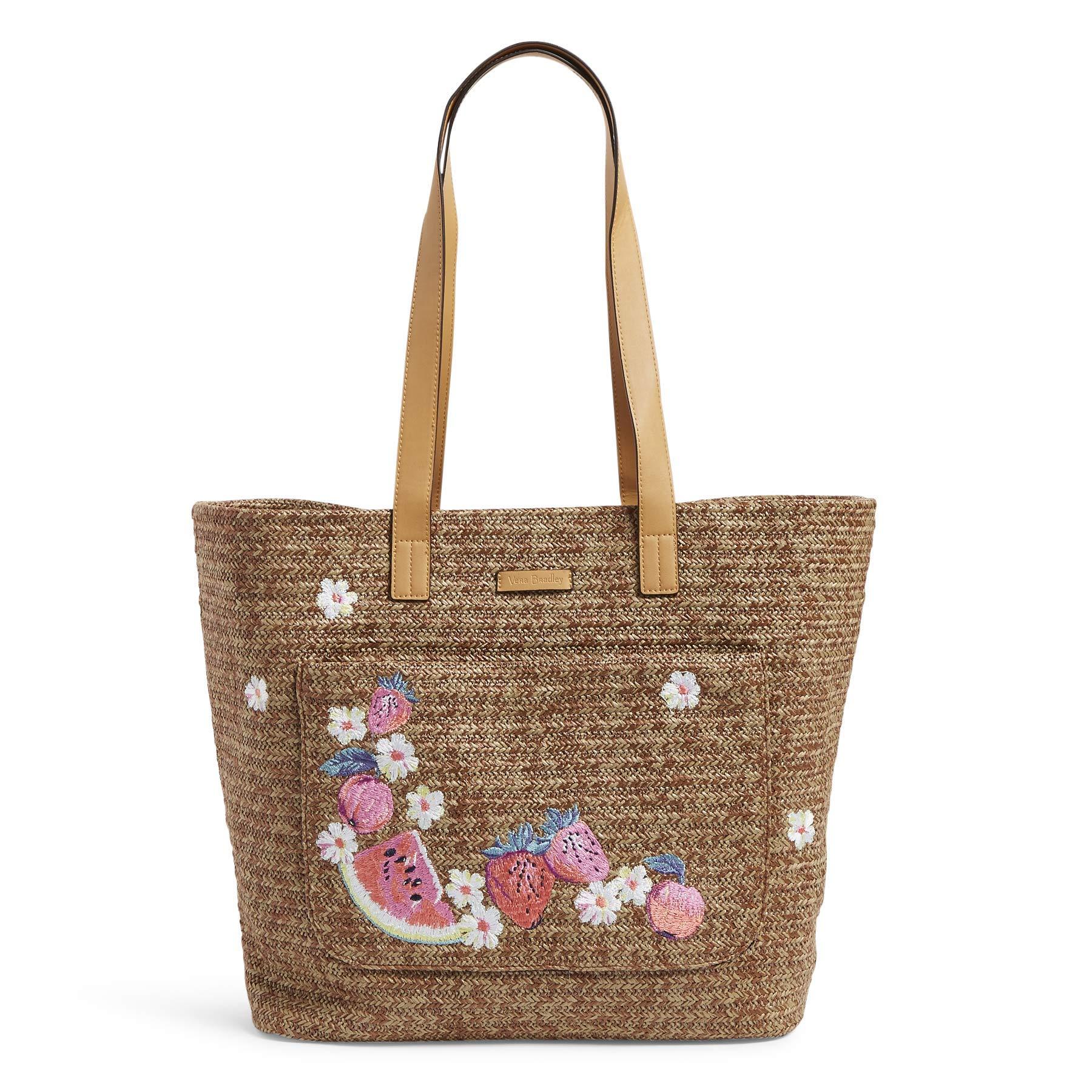 Vera Bradley Front Pocket Straw Tote Bag in Dark Brown w/Fruit (Brown