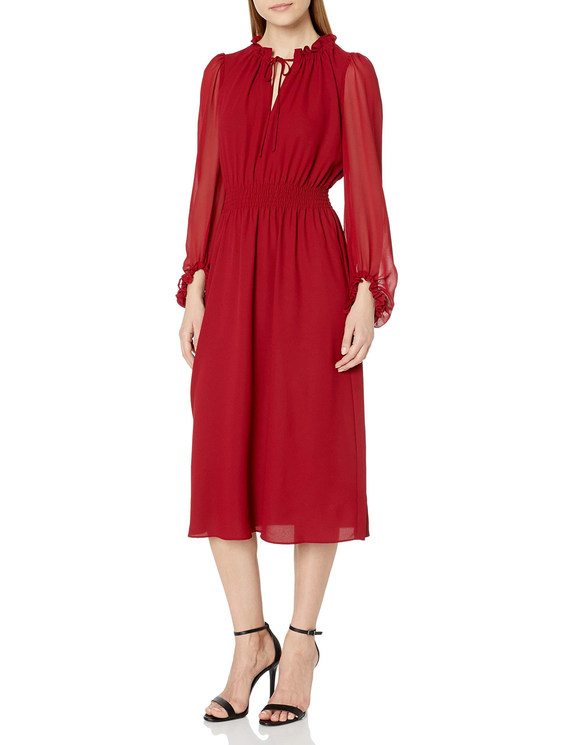 Anne Klein Long Sleeve Smocked Waist And Neck Dress in Red - Lyst