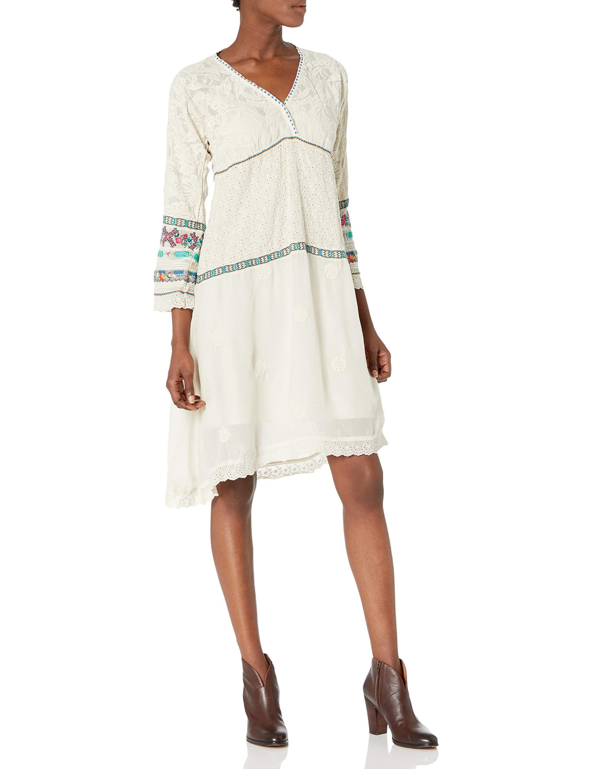 Johnny Was Long Sleeve Midi Dress With Tonal Embroidery in Shell