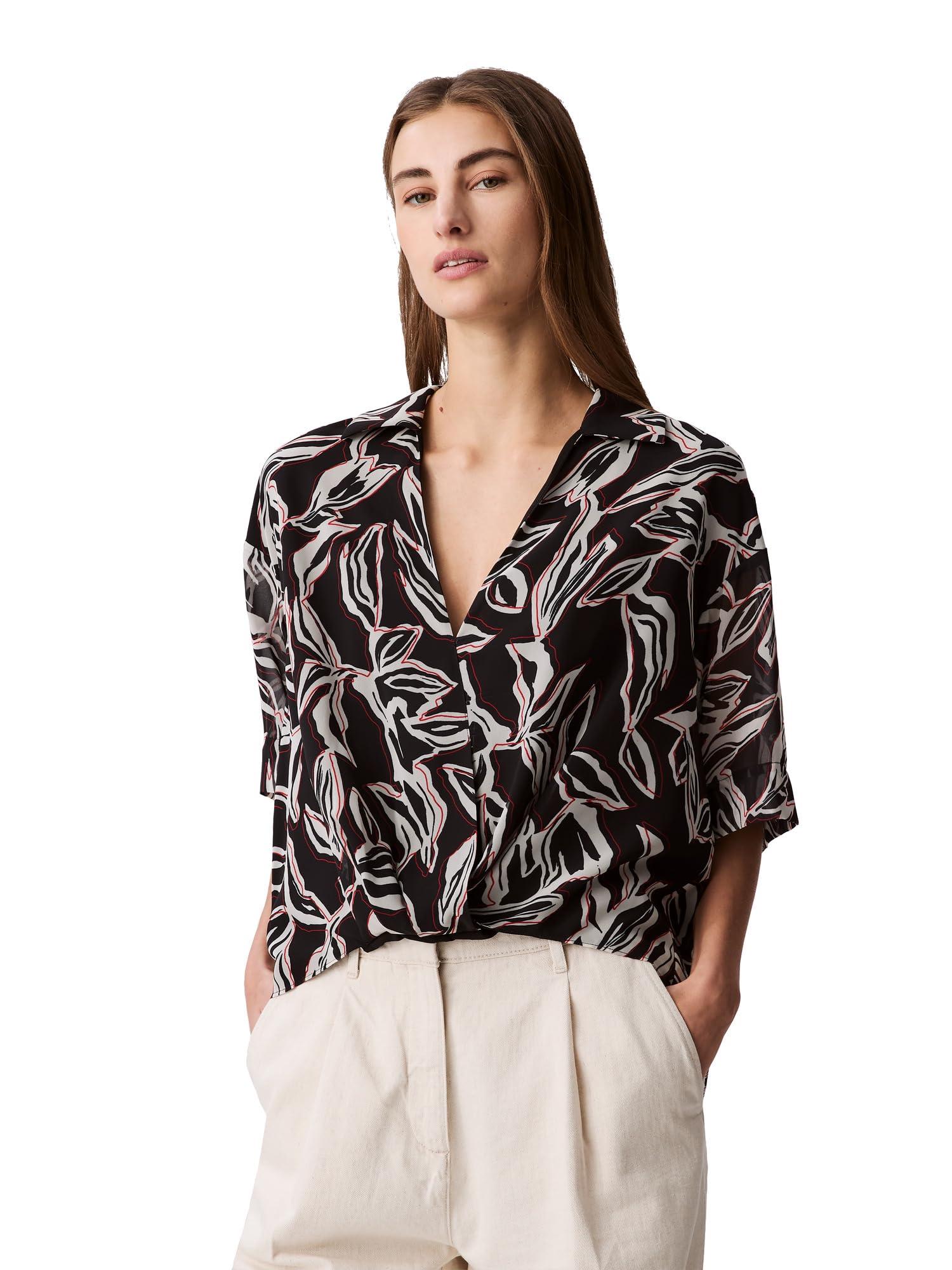 売れ筋商品|||カルバンクライン カットソー トップス レディース Women's Printed Split-Neck Long-Sleeve Shirt Black Multi Women's Long Sleeve T-Shirts | GH-Stores