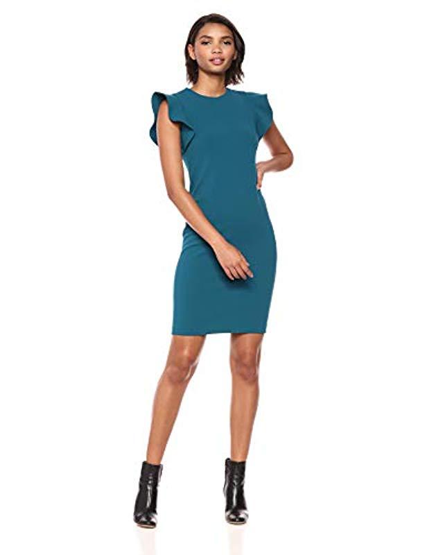 Calvin Klein Solid Sheath With Ruffle Cap Sleeve Dress, Cypress, 6 in Blue  | Lyst