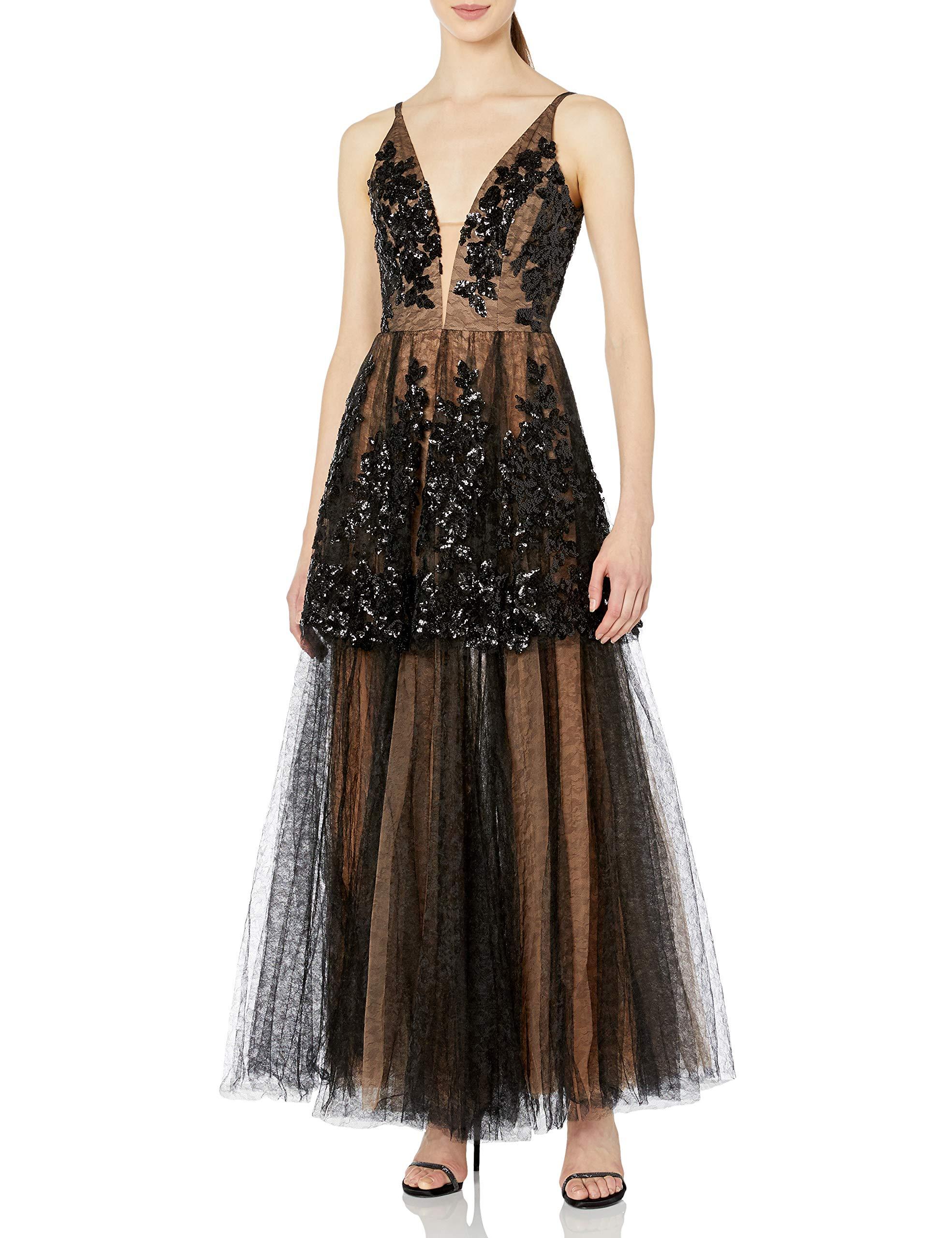 Dress the Population Womens Rachelle Sleeveless Sequin Tulle Fit /& Flare Long Ballgown