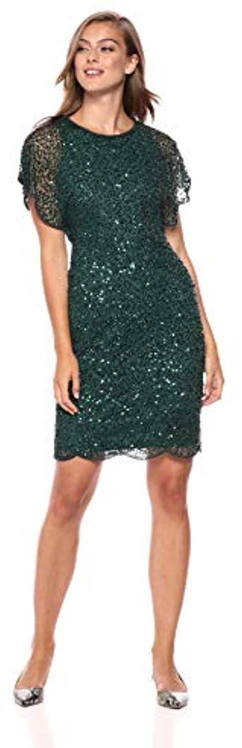 sequin beaded cocktail dress with flutter sleeves and scallop trim