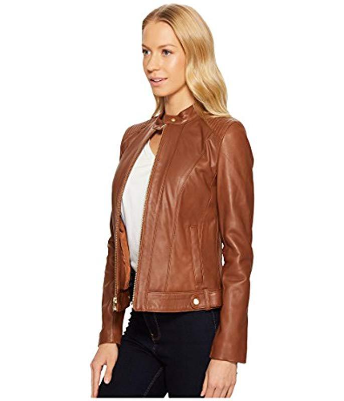 Cole Haan Women's Leather Racer Jacket with Quilted Panels 