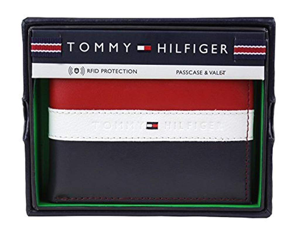 Tommy Hilfiger Men's Premium Leather Double Billfold Passcase Rfid Wallet Navy 