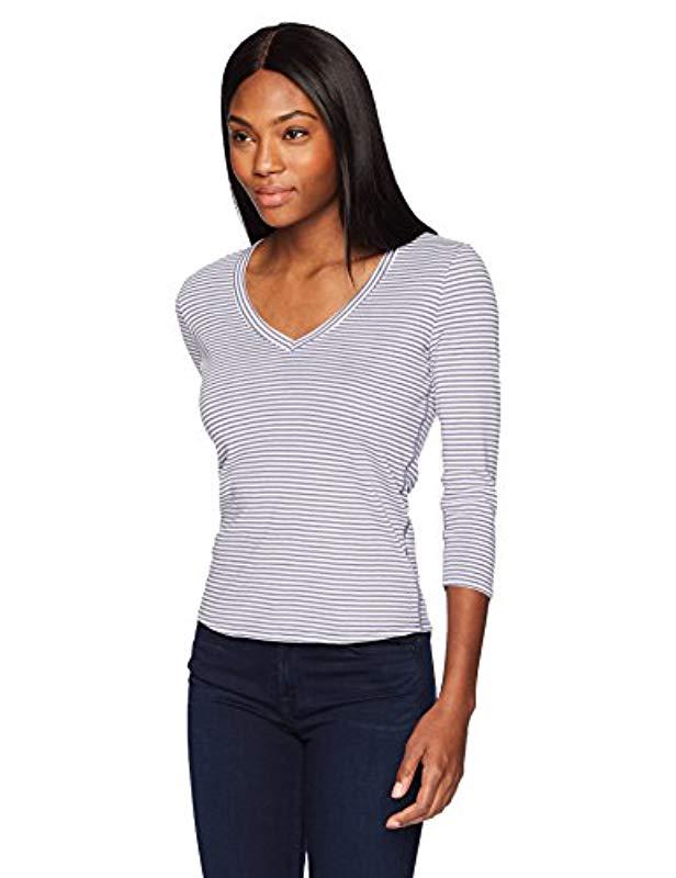 Three Dots Womens Montauk Stripe Short Tight Crewneck