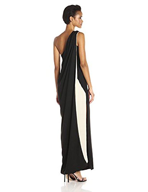 Halston One Shoulder Column Gown With Cape in Black | Lyst