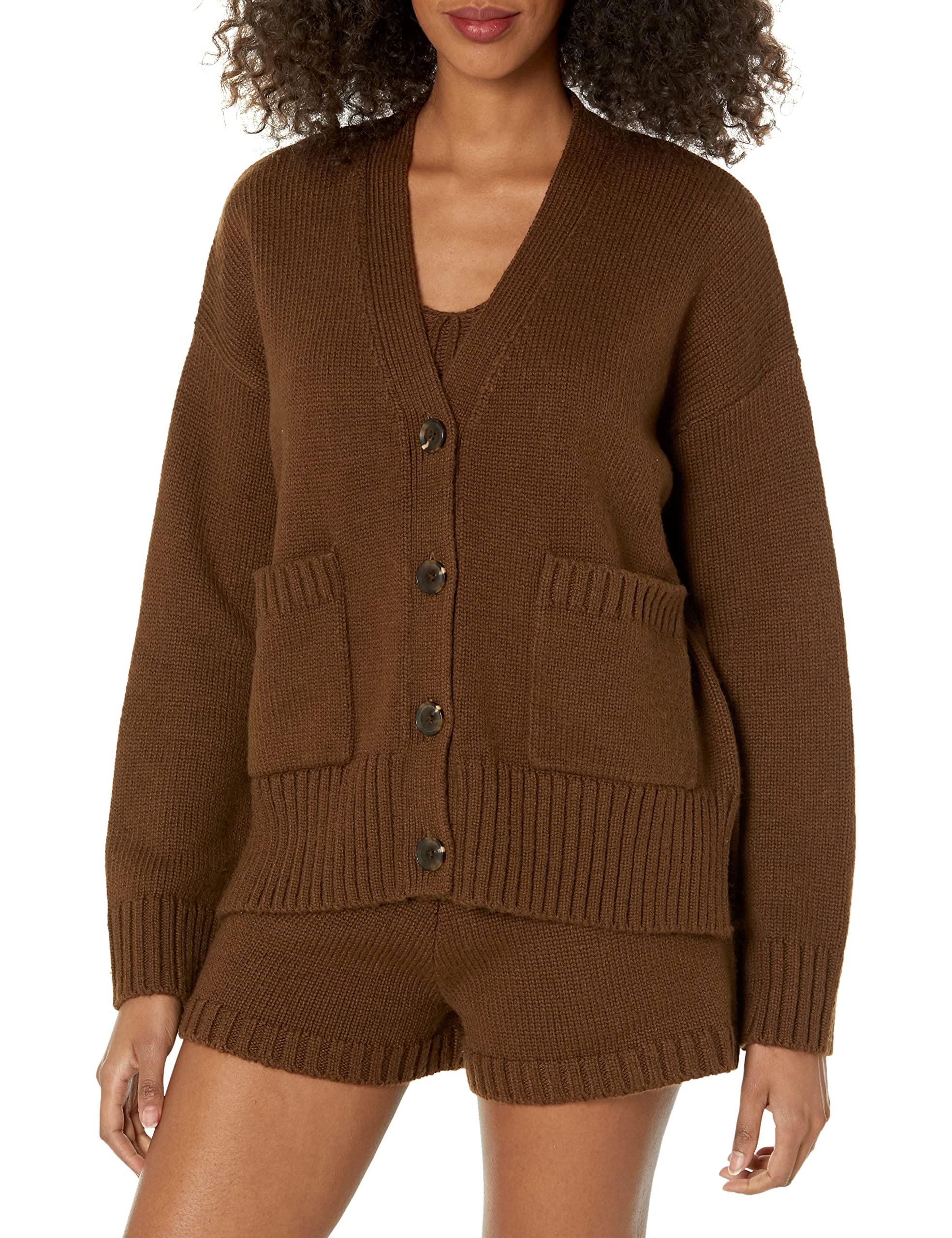 The Drop Brigitte Chunky Button Front Pocket Ribbed Cardigan in Brown | Lyst