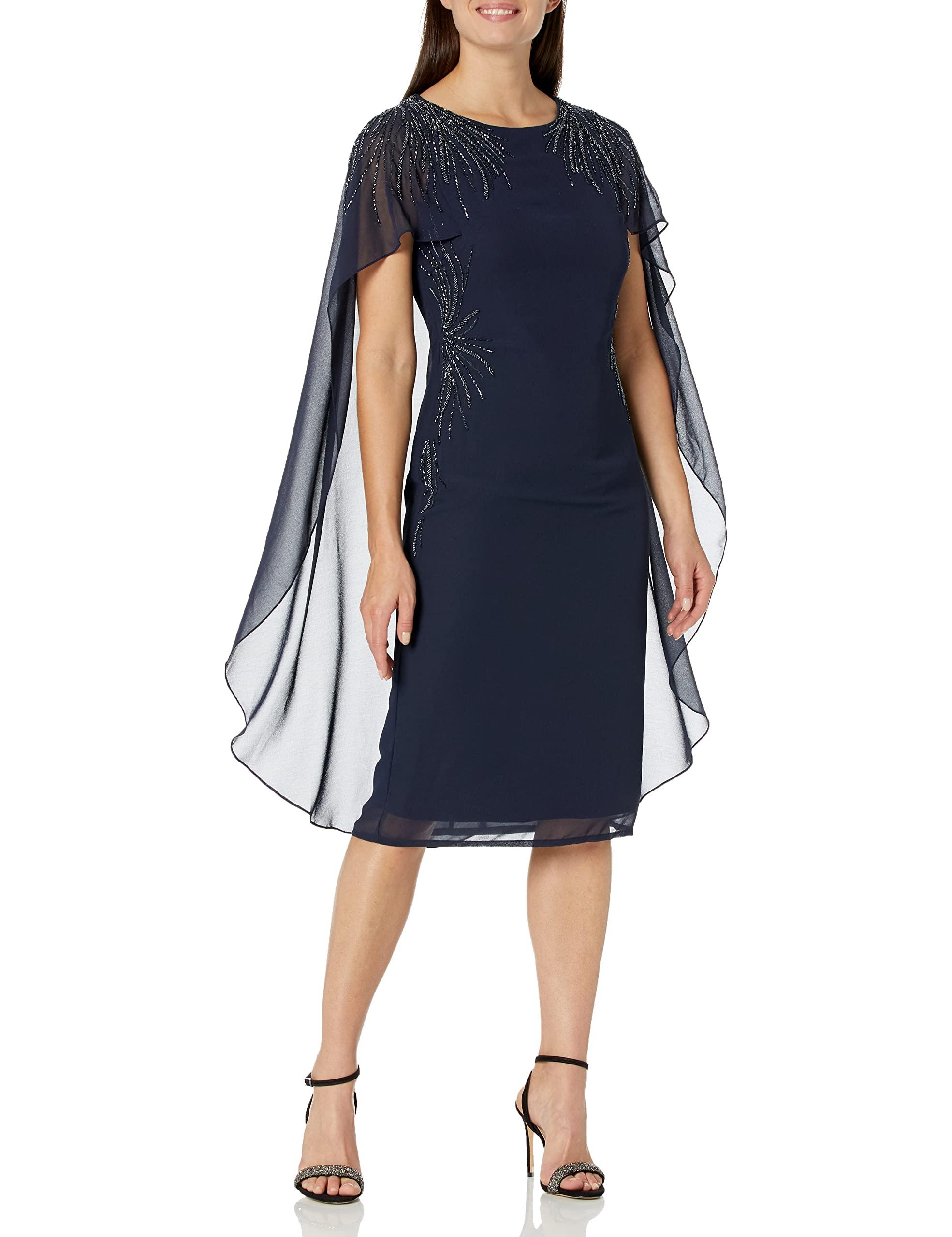 Adrianna Papell Sheer Cape Dress With Beaded Accents in Blue | Lyst