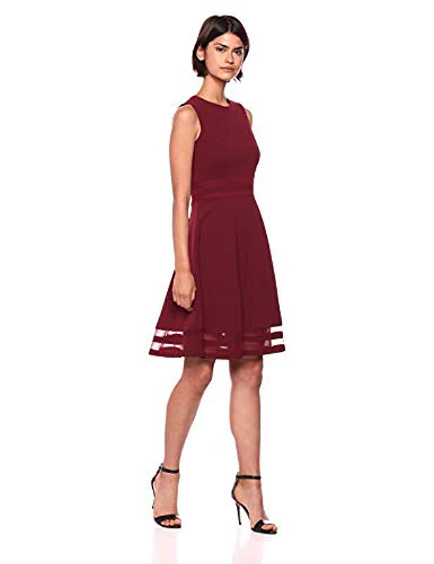 Neck Flare Round With Red Dress Lyst Fit Sleeveless Klein | And Calvin in Inserts Sheer