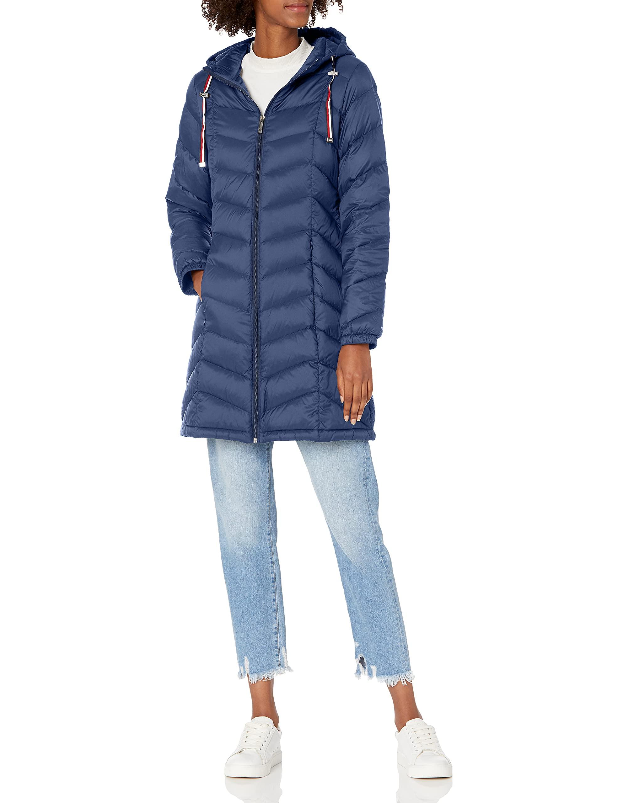 Tommy Hilfiger Mid-length Puffer Hooded Down Jacket With Drawstring Packing  Bag in Blue | Lyst