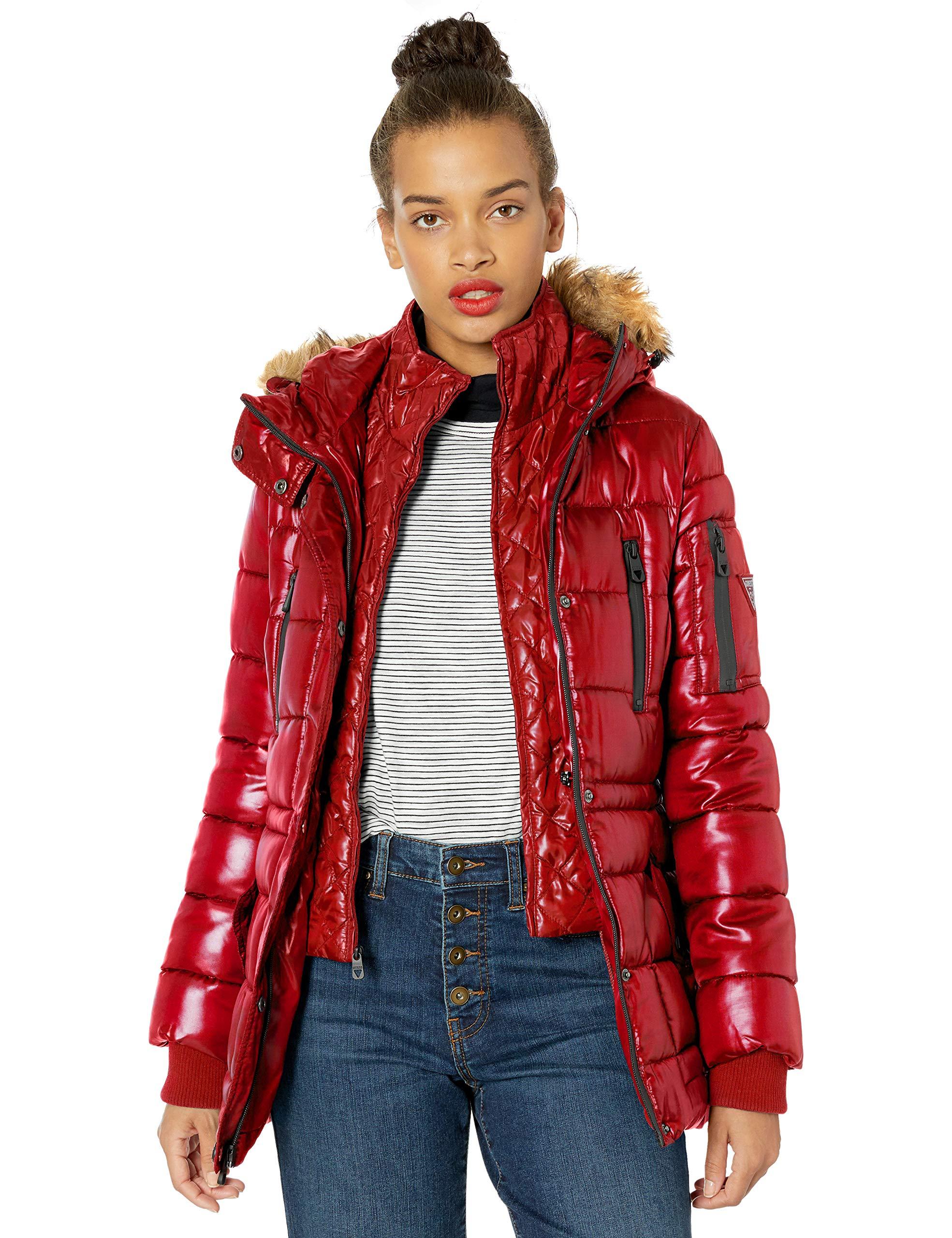 Guess Liquid Puffer Jacket With Removable Faux Fur Trim in Red - Lyst