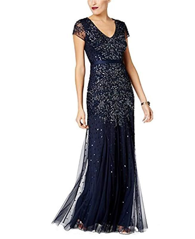 Adrianna Papell Plus-size Short Sleeve V Neck Beaded Gown in Blue | Lyst