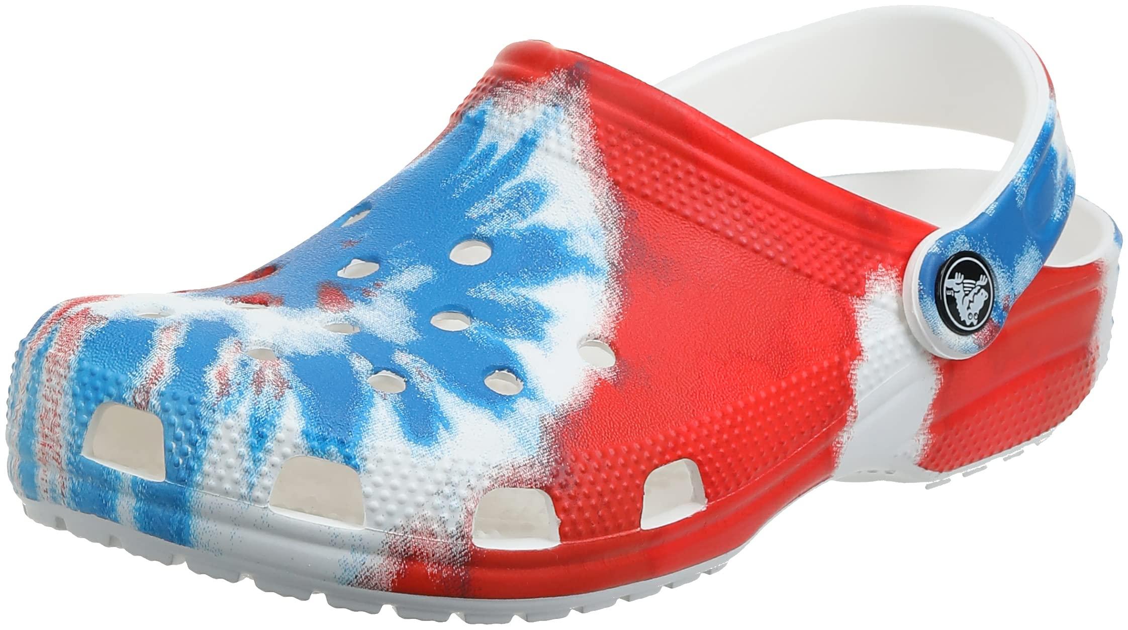 blue and white crocs tie dye