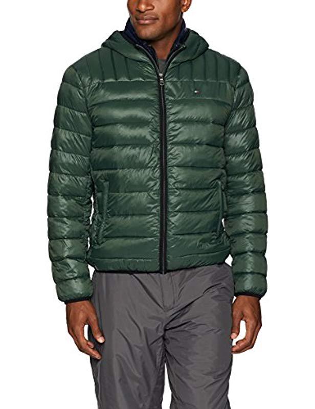 tommy hilfiger men's insulated packable jacket contrast bib hood