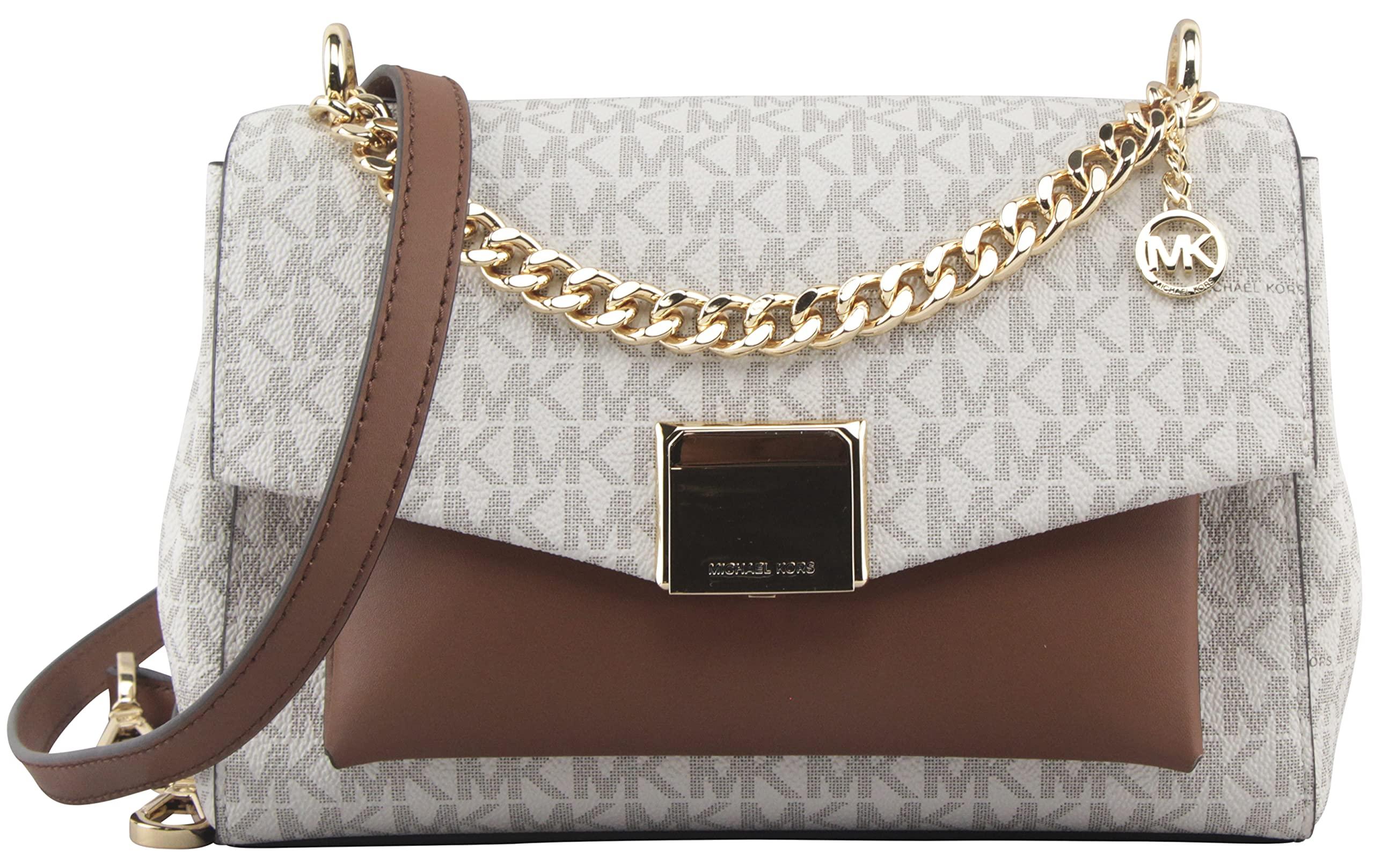 Michael Kors Lita Medium Leather TwoTone Logo Crossbody Bag in Vanilla