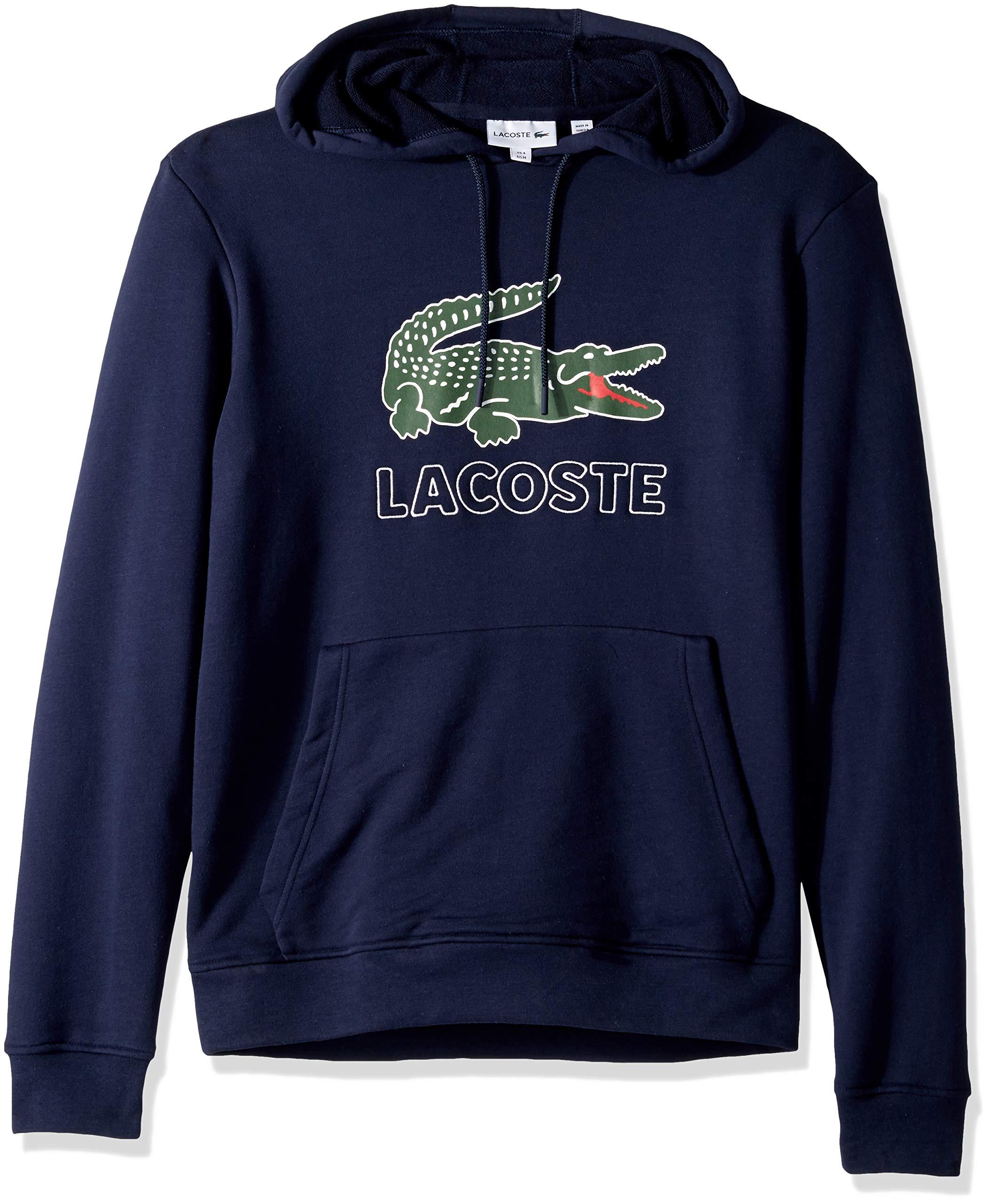 Lacoste Long Sleeve Graphic Croc Brushed Fleece Jersey Hoodie in Navy ...