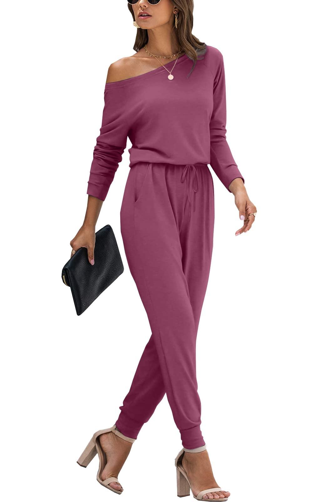 HIKARO Loose Casual Off Shoulder Jumpsuit Long Sleeve Elastic Waist  Stretchy Romper With Pockets Mauve in Red | Lyst UK