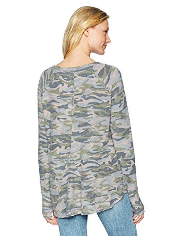 Michael Stars Womens Madison Brushed Camo Long Sleeve Notch Neck Hi-Low