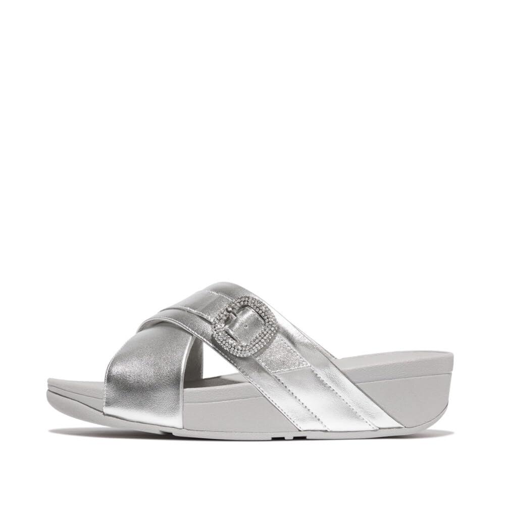 Fitflop Lulu Crystal-buckle Metallic-leather Cross Slides Sandal in White |  Lyst UK