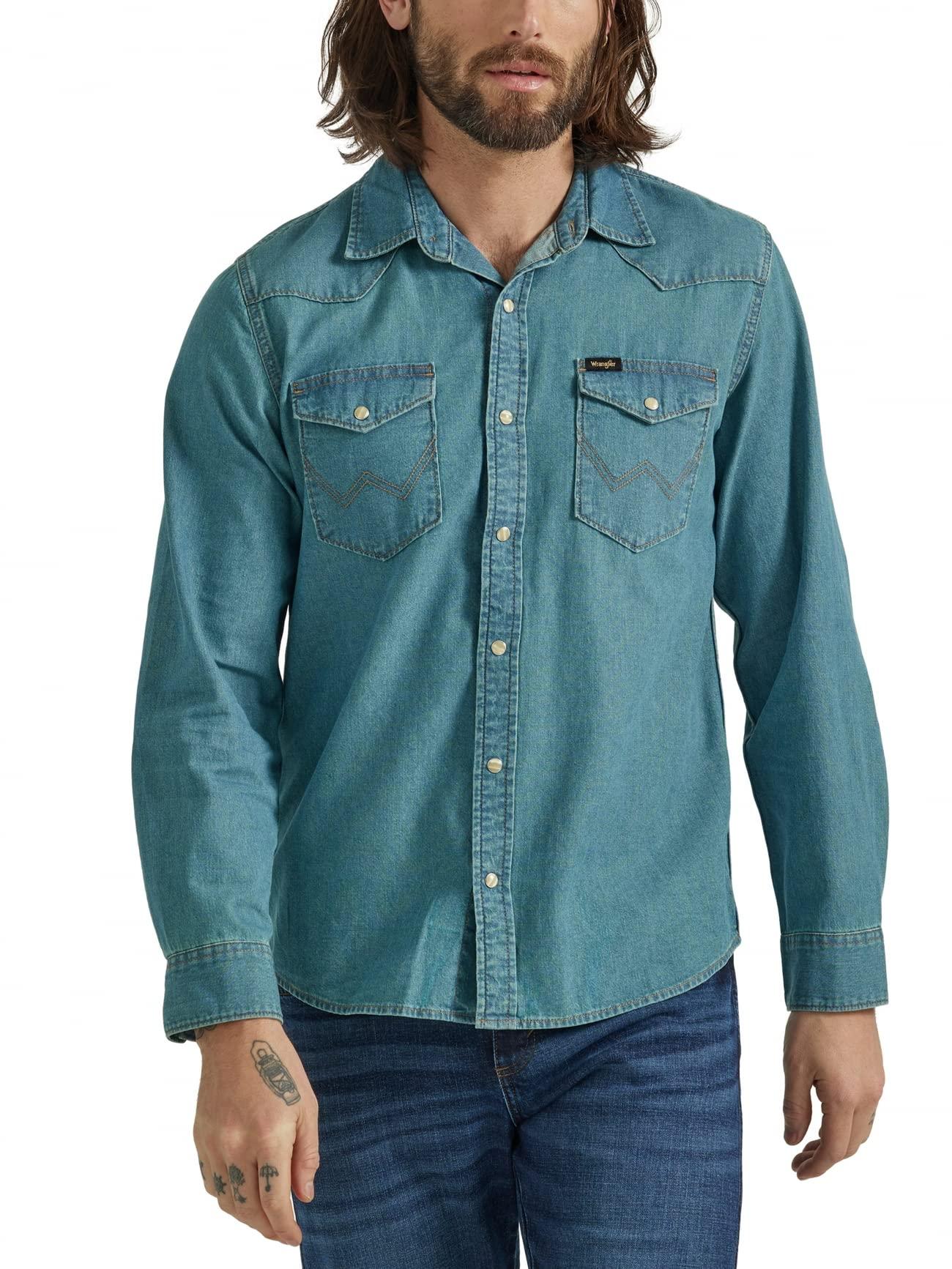Wrangler Iconic Denim Regular Fit Snap Shirt in Blue for Men | Lyst