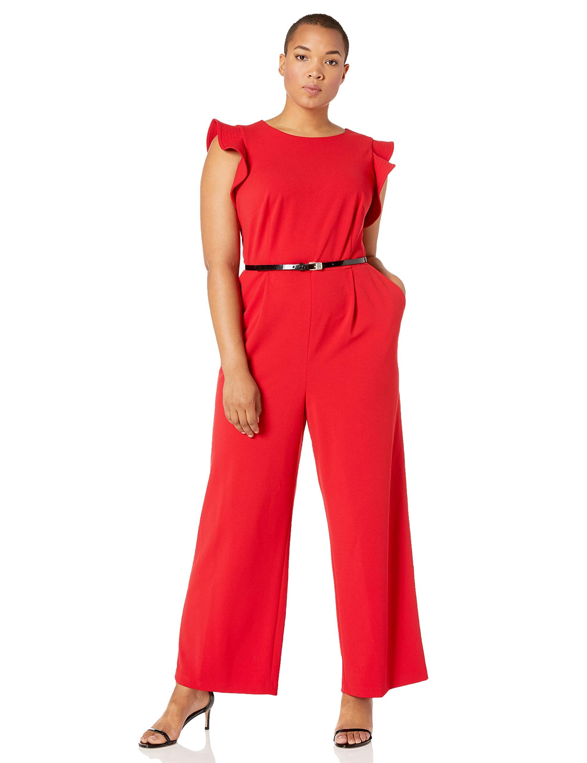 Calvin Klein Belted Ruffle-sleeve Jumpsuit, Regular & Petite Sizes in Red |  Lyst