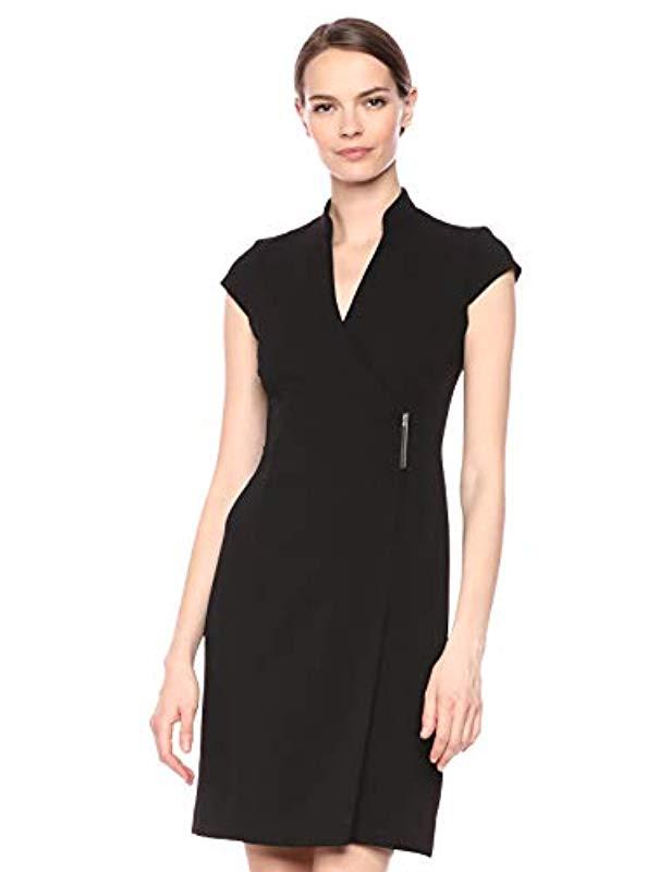 Calvin Klein Cap Sleeve V-neck Wrap Dress With Hardware in Black | Lyst
