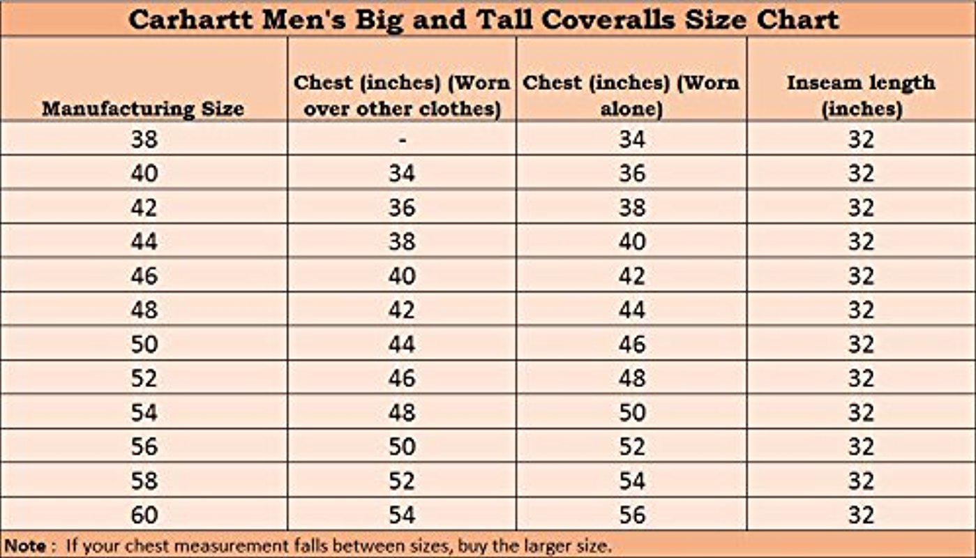 Carhartt Insulated Coverall Size Chart