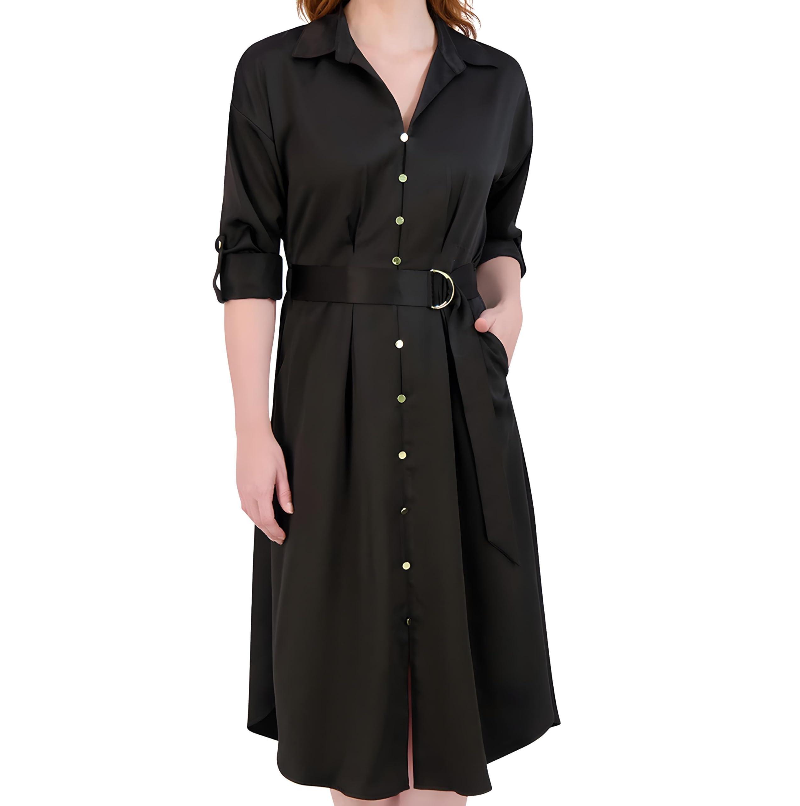French Connection Women's Satin Belted Shirt Dress Maxi, Long