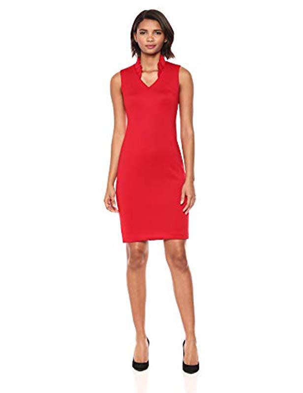Calvin Klein Solid Sleeveless Sheath With Ruffle Collar Dress in Red | Lyst