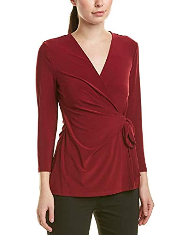 Anne Klein Printed Faux Wrap Top in Red | Lyst