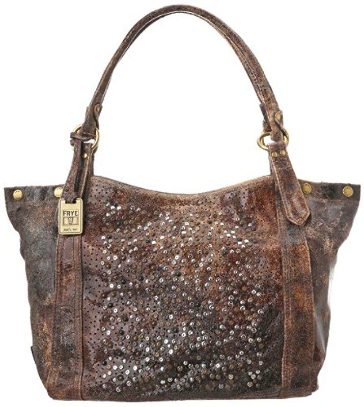 Frye Deborah Studded Shoulder Leather Tote Handbag in Chocolate (Brown