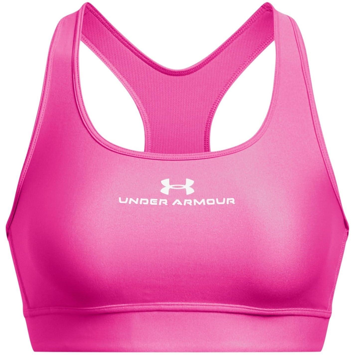 Under Armour crossback mid support emboss bra with graphic print in black