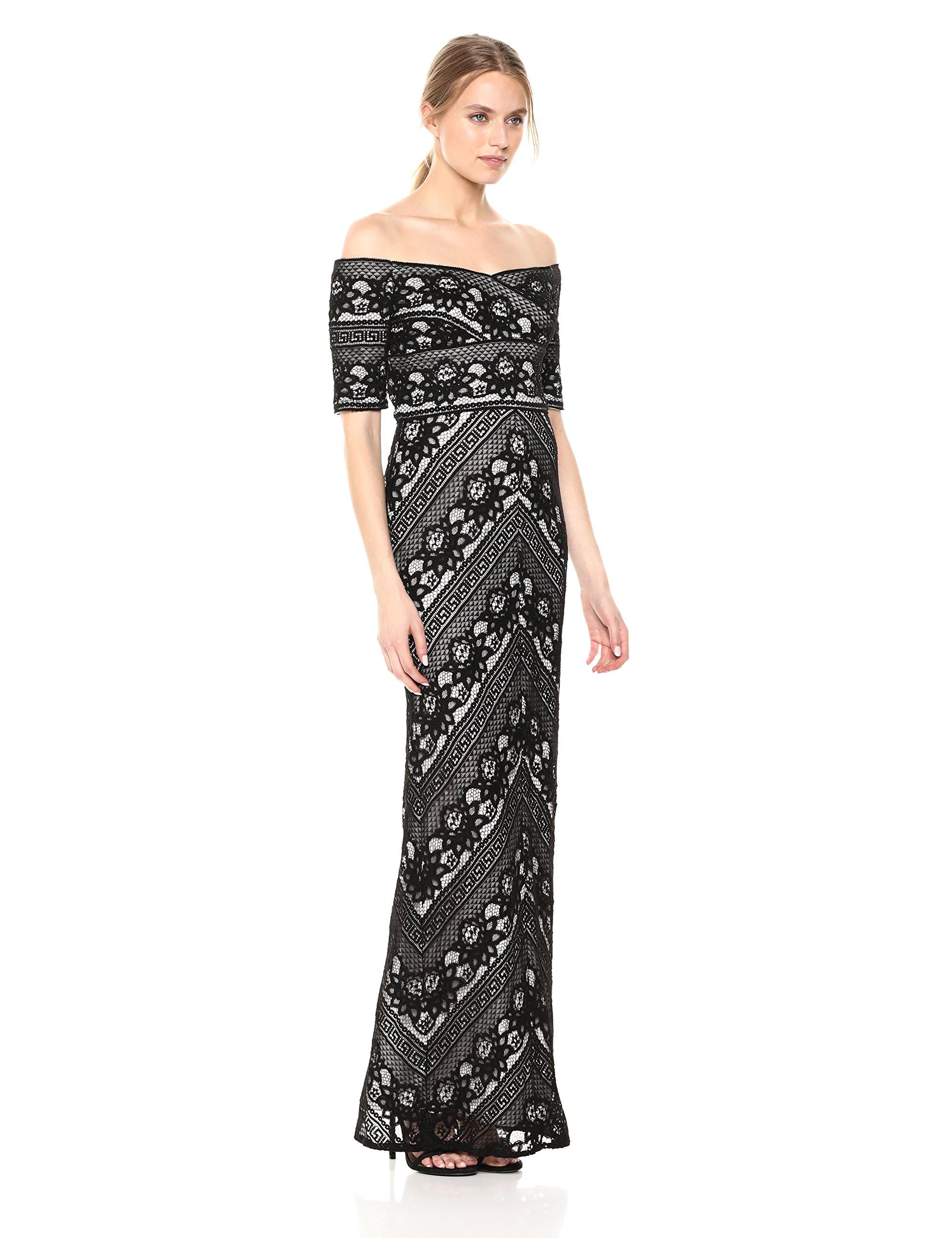 Off Shoulder Stripe Lace Column Gown 