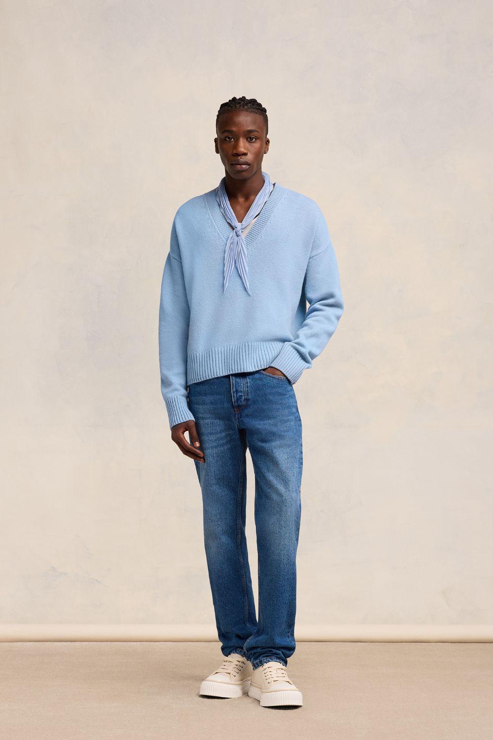 amiparis ニット　青 AMI PARIS Intarsia wool and cotton-blend sweater | NET-A-PORTER