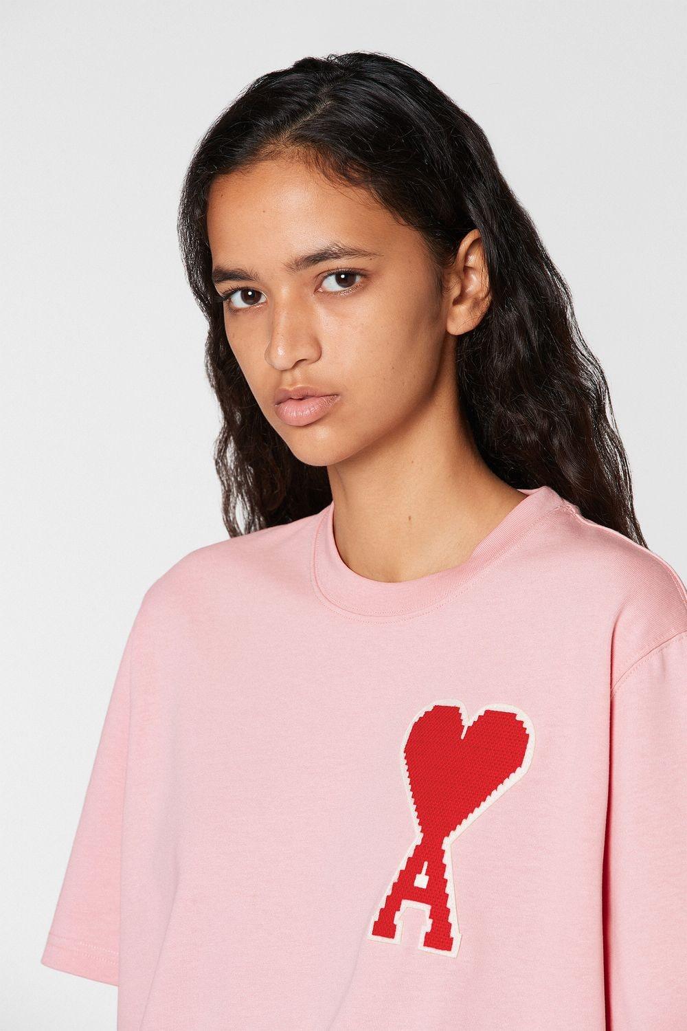 AMI Cotton T-shirt With Big Ami Coeur Patch in Pink | Lyst