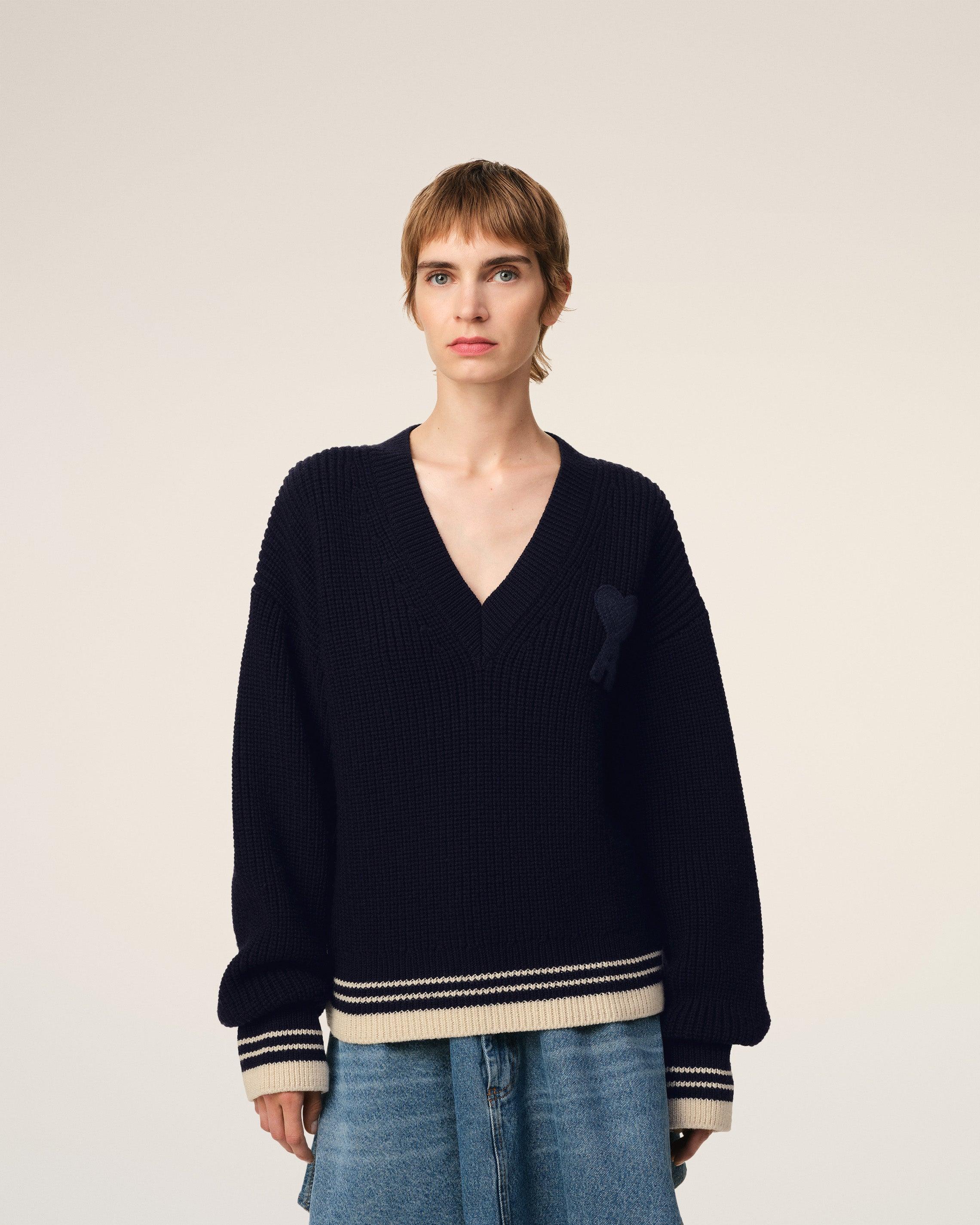 Ami Paris Wool Ribbed V Neck Sweater in Blue Lyst UK - Main Image