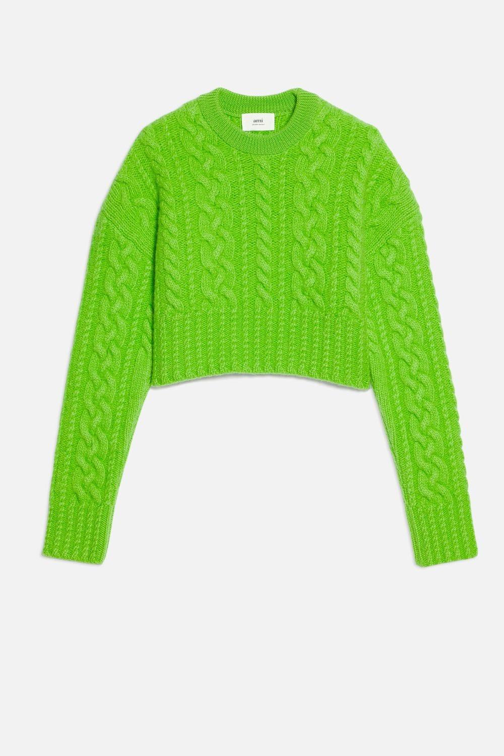 AMI Cable Knitted Short Sweater in 