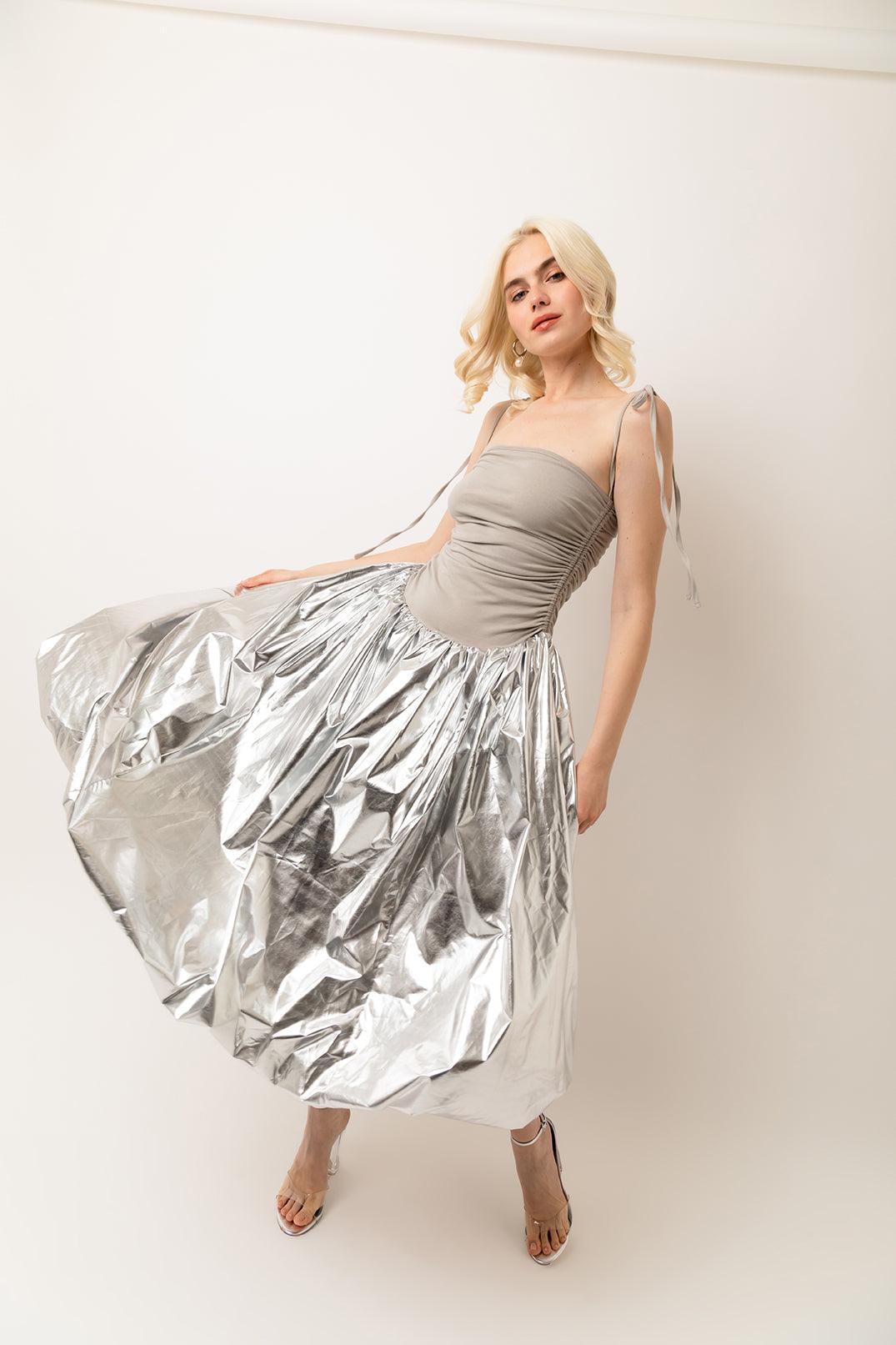 Amy Lynn Alexa Silver Metallic Puffball Dress in White | Lyst